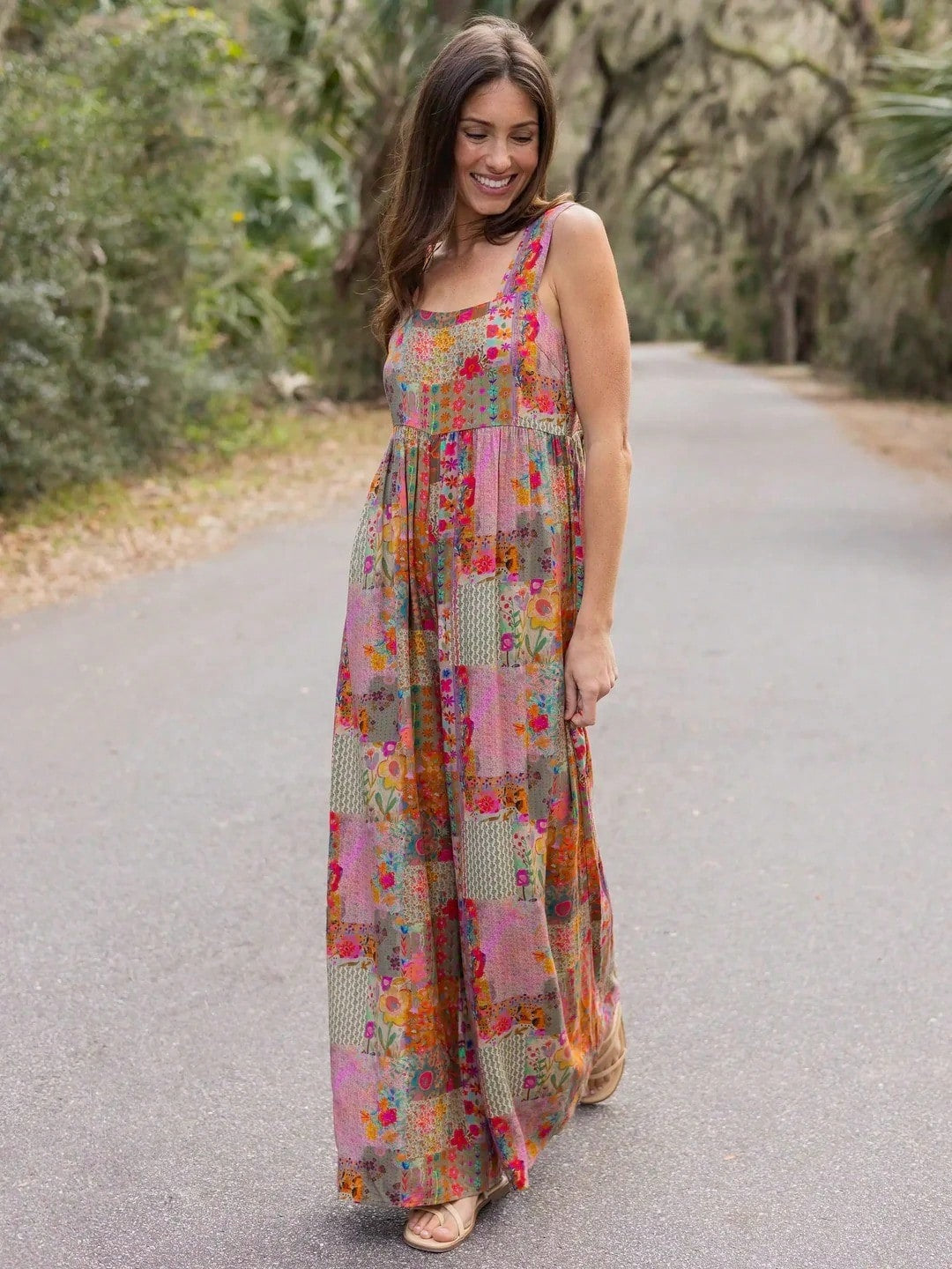 Retro Patchwork Wide-Leg Stretch Suspender Jumpsuit