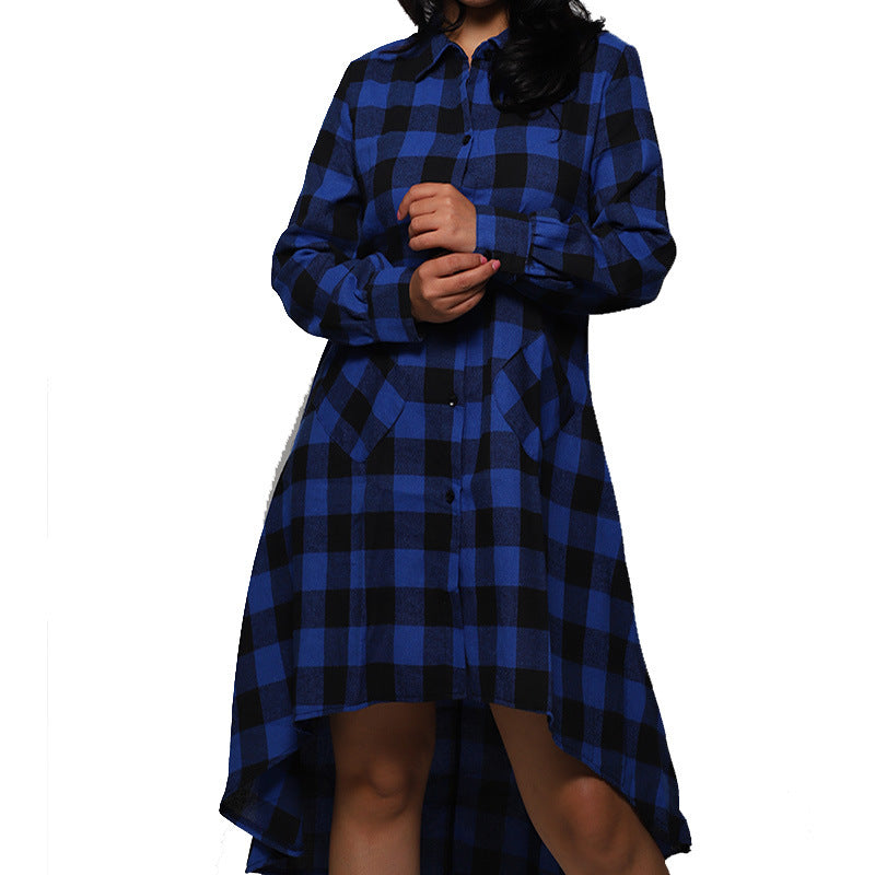 Boyfriend Style Casual Pocket Long Sleeve Plaid Polo Shirt Irregular Coat