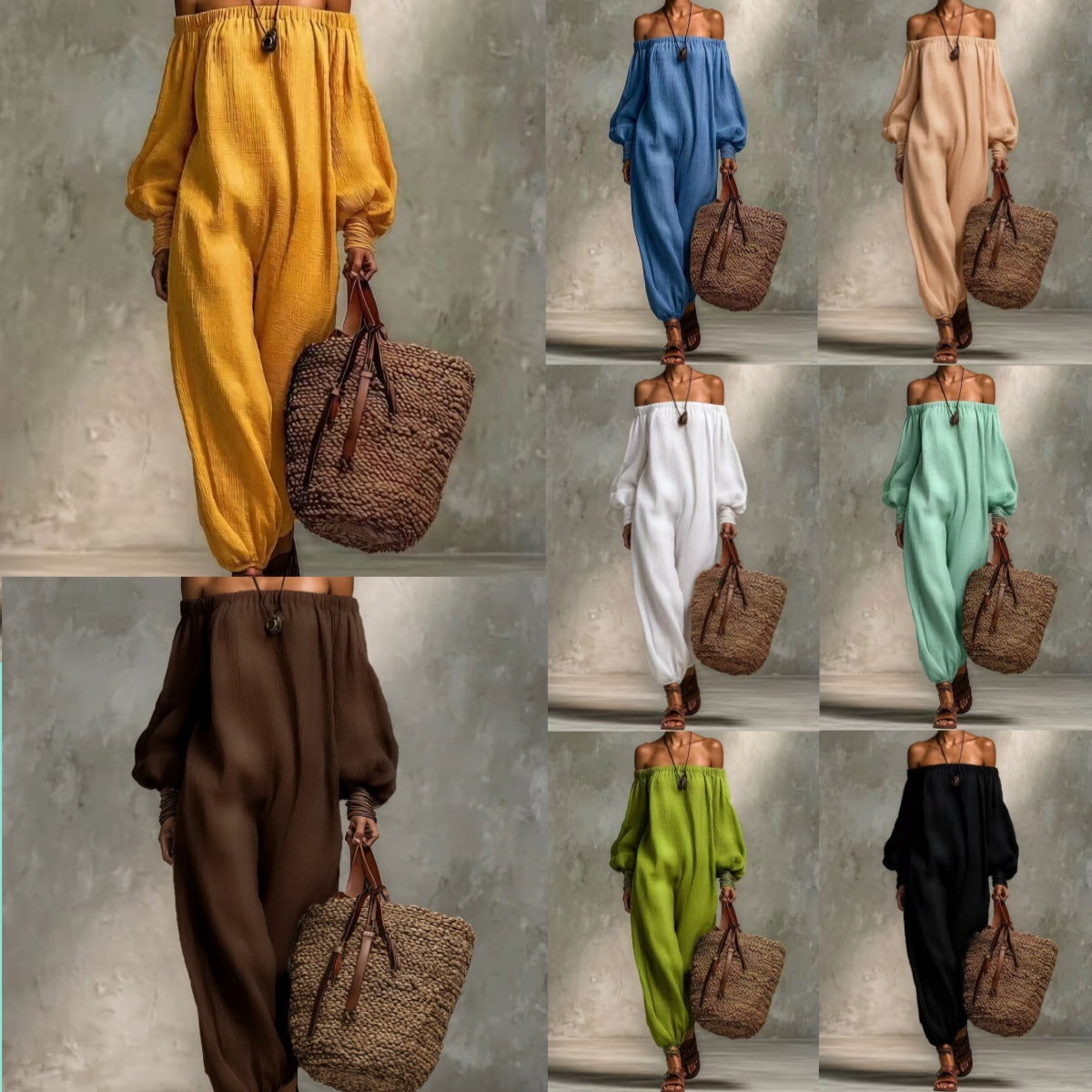 Summer Solid Colored Cotton Linen Off Shoulder Jumpsuit Harem Pants