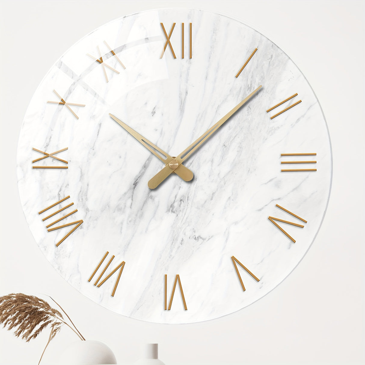 12 Inch Large Modern Marble Wall Clock - White & Golden Luxury Quartz Movement, Silent Non-Ticking Thickened Glass-Free Face, White Marble with Golden Hands & Roman Numerals - - Round Clock for, Office, Bedroom, 2D Flat