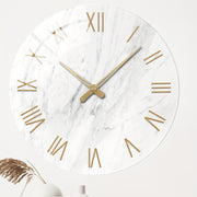 12 Inch Large Modern Marble Wall Clock - White & Golden Luxury Quartz Movement, Silent Non-Ticking Thickened Glass-Free Face, White Marble with Golden Hands & Roman Numerals - - Round Clock for, Office, Bedroom, 2D Flat