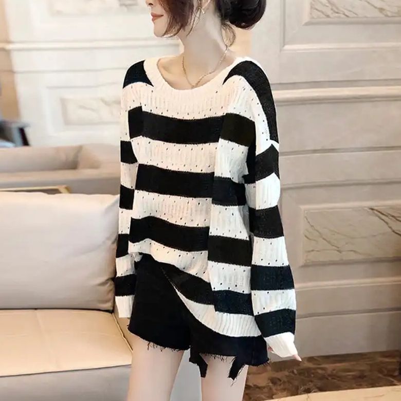 Lightweight Figure-flattering Striped Sweater for Plus-size Women This Summer
