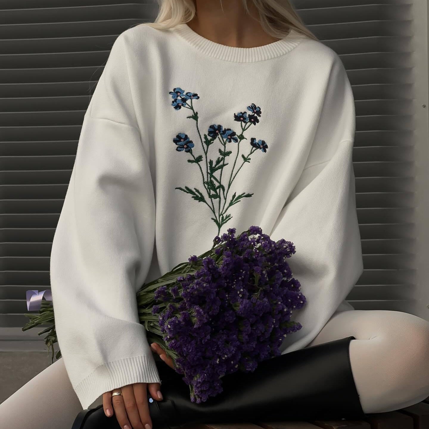 Floral Embroidered Crew Neck Sweater