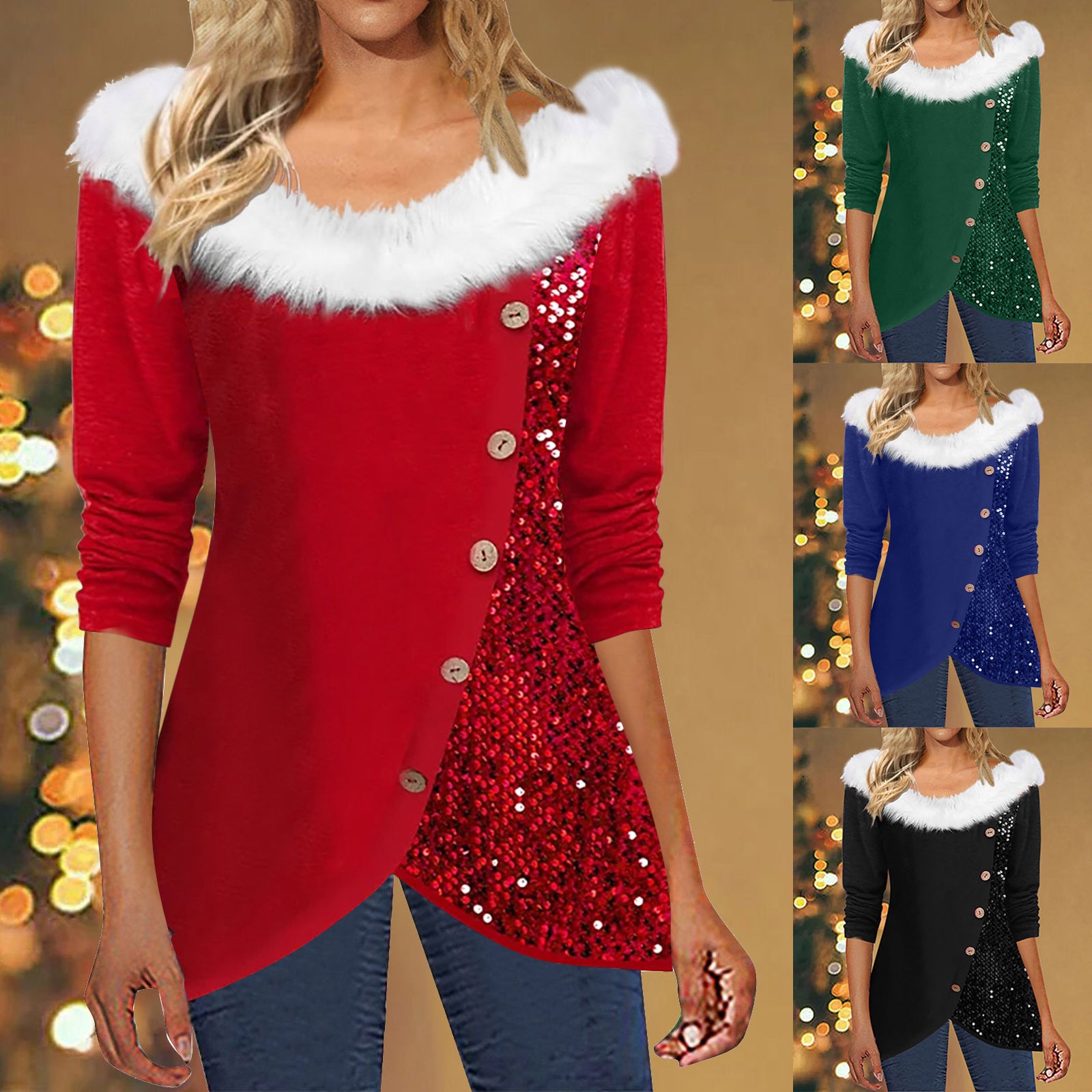 Sequin Fur Collar Off-Shoulder Long Sleeve Top