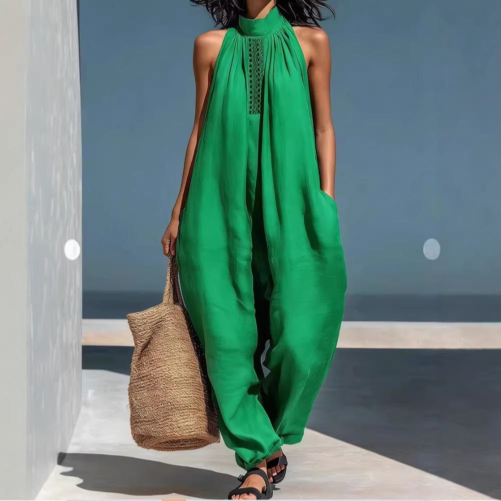 Women's Casual Sleeveless Stand-Collar Loose Jumpsuit