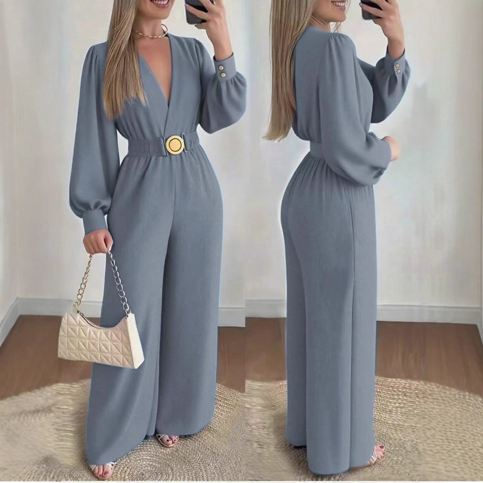 Elegant Deep V-Neck Slim-Fit Long Sleeve Jumpsuit