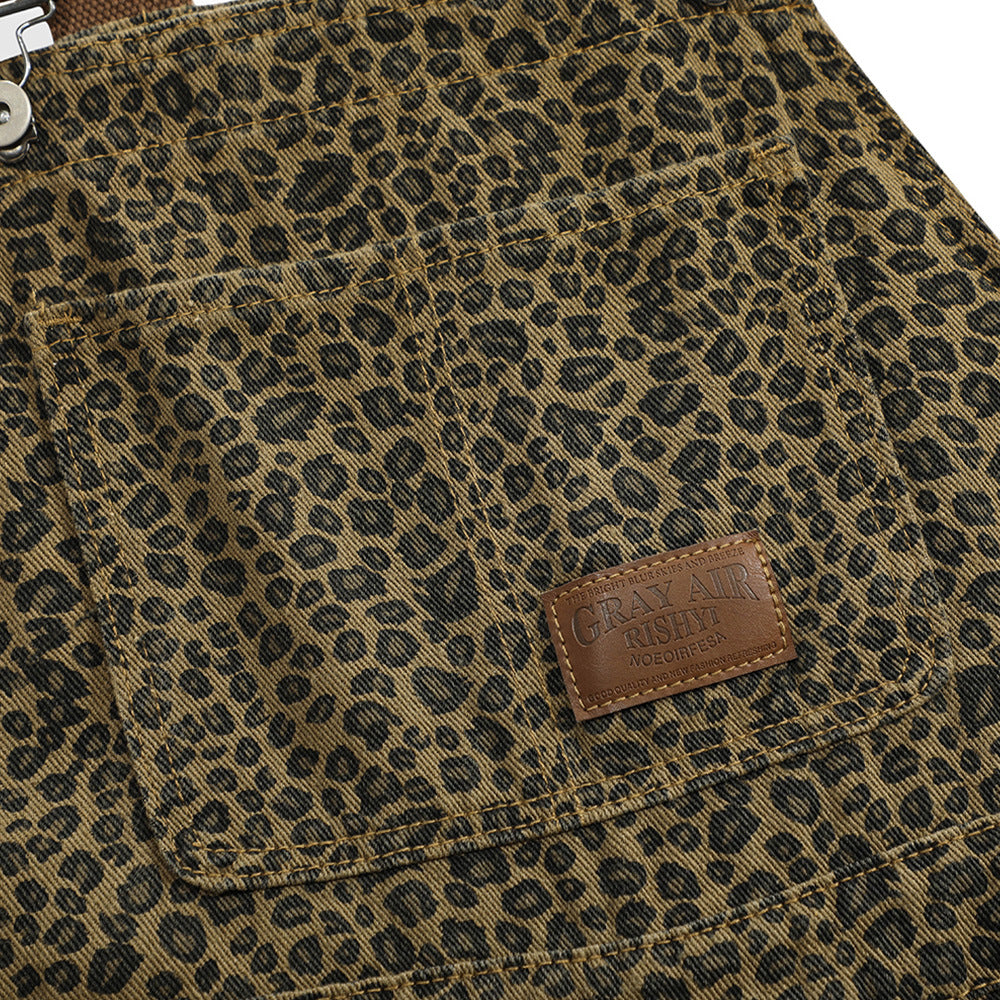 Men's High Street Leopard Print Denim Suspender Pants