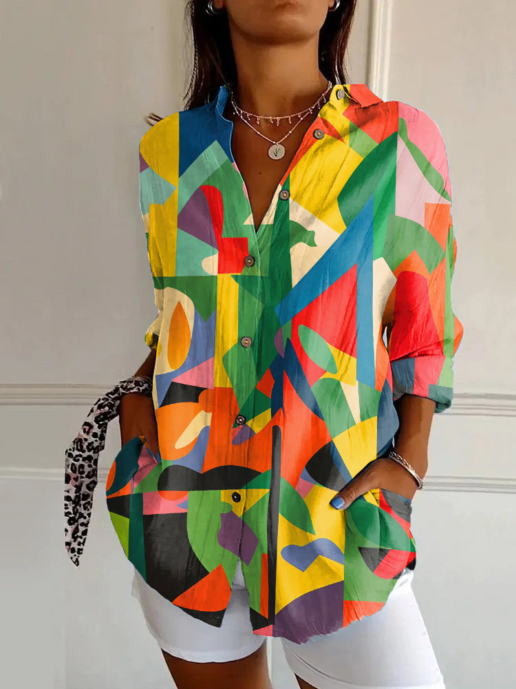 Women's Summer European And American Seven-sleeve Floral Pattern Printed 3D Shirt