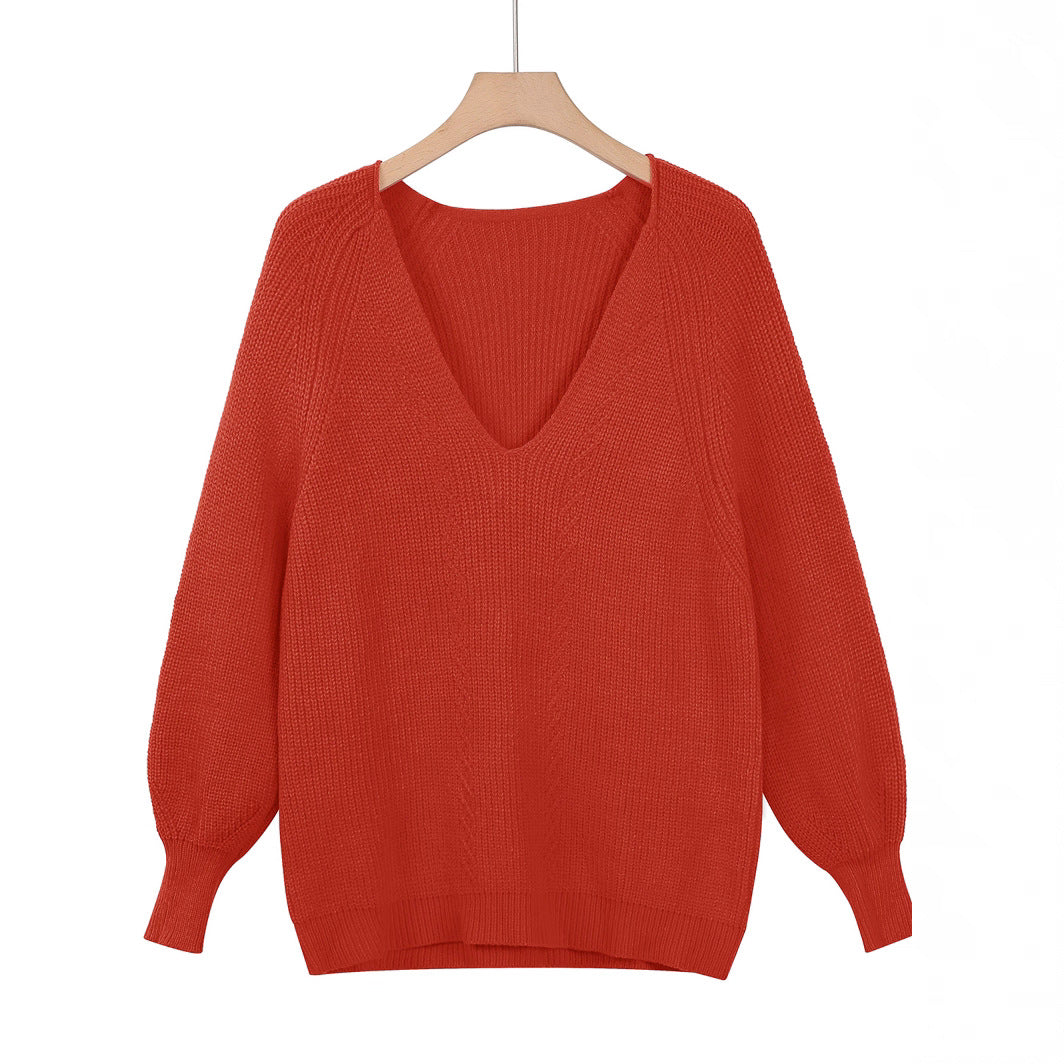 Autumn and Winter New Plus Size Loose Knitted V-neck Solid Color Pullover Sweater