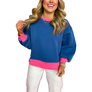 Chic Color Block Round Neck Long Sleeve Women's Split Sweater