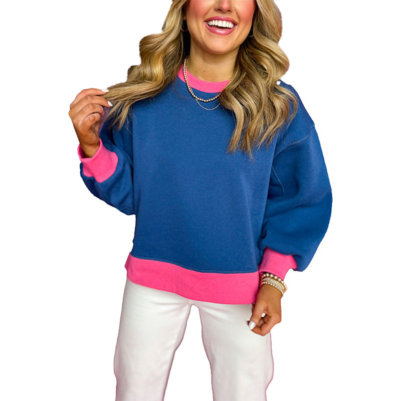 Chic Color Block Round Neck Long Sleeve Women's Split Sweater