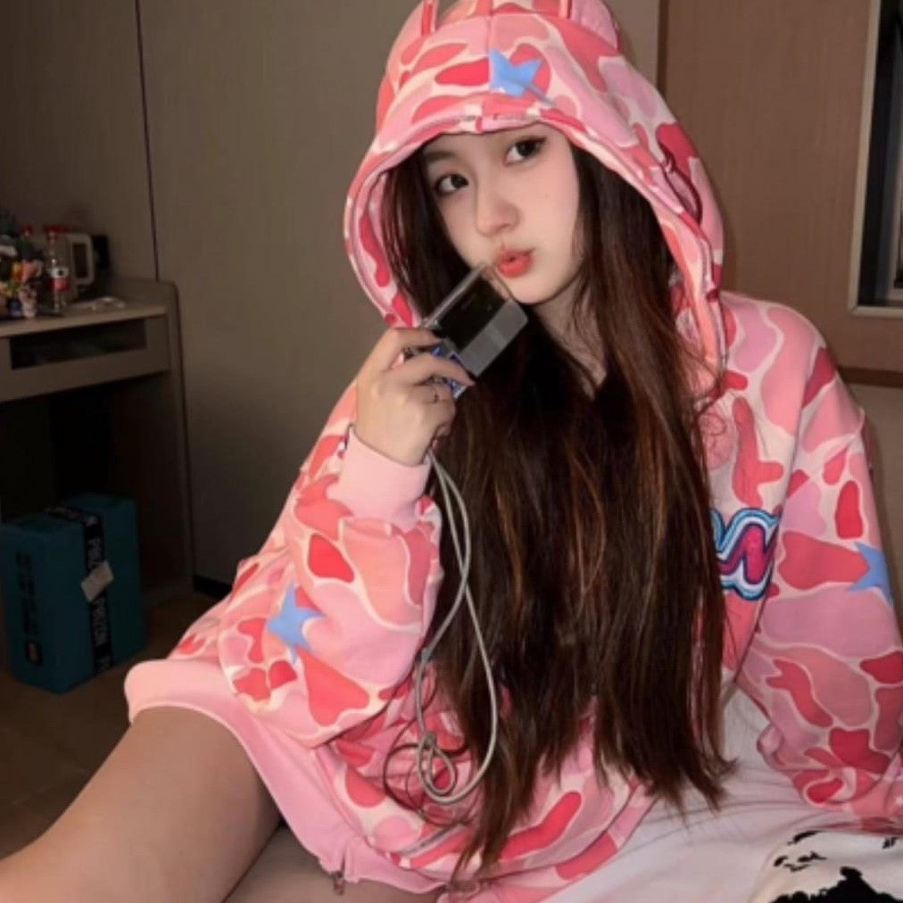 Japanese Camouflage Embroidered Cardigan Hooded Sweater