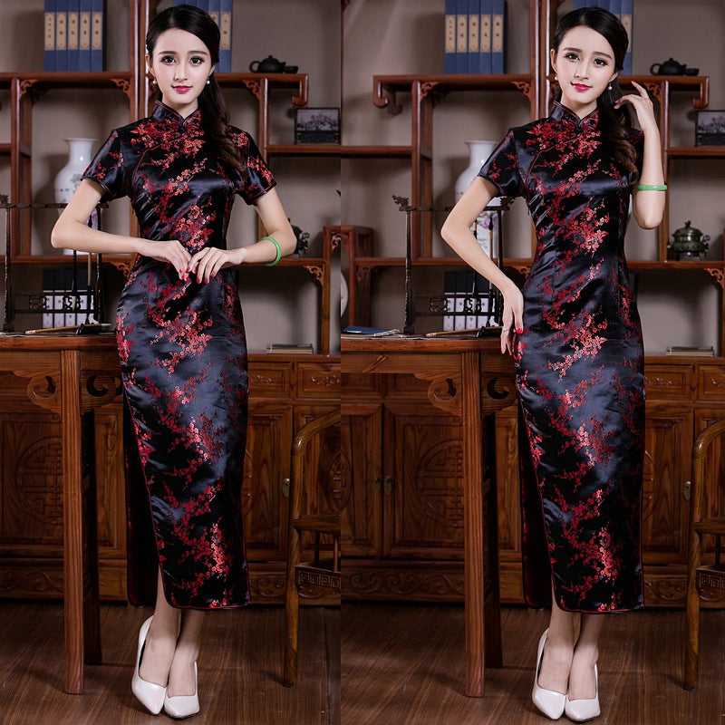Chinese-style Stand-up Collar Diagonal Placket Short-sleeve Womens Vintage