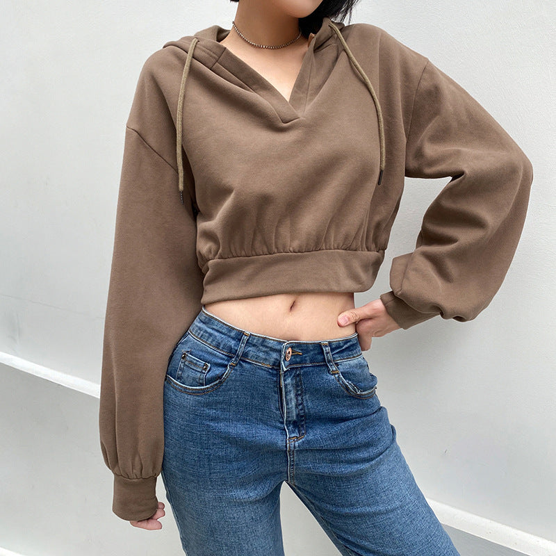 Solid Color Waist Tight Loose V-neck Hooded Jacket