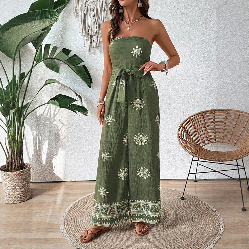 Casual Resort Style Strapless Ethnic-Print Loose Jumpsuit For Women