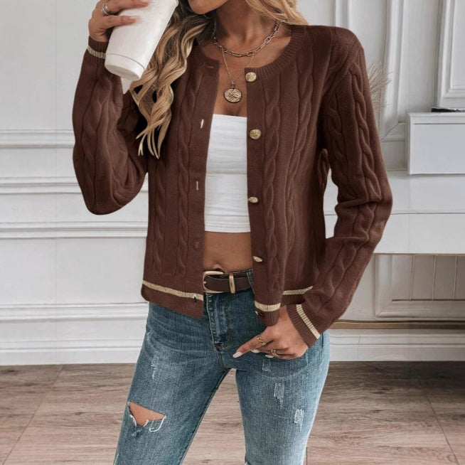 Solid-color Heavyweight Fallwinter Coat Coffee-colored Chanel-style Knitted Cardigan