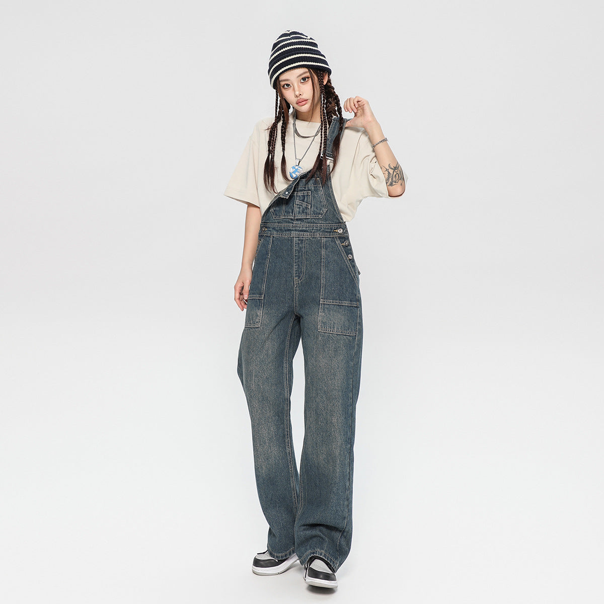 Denim Suspender Pants Women's Design Sense Loose Washed-out