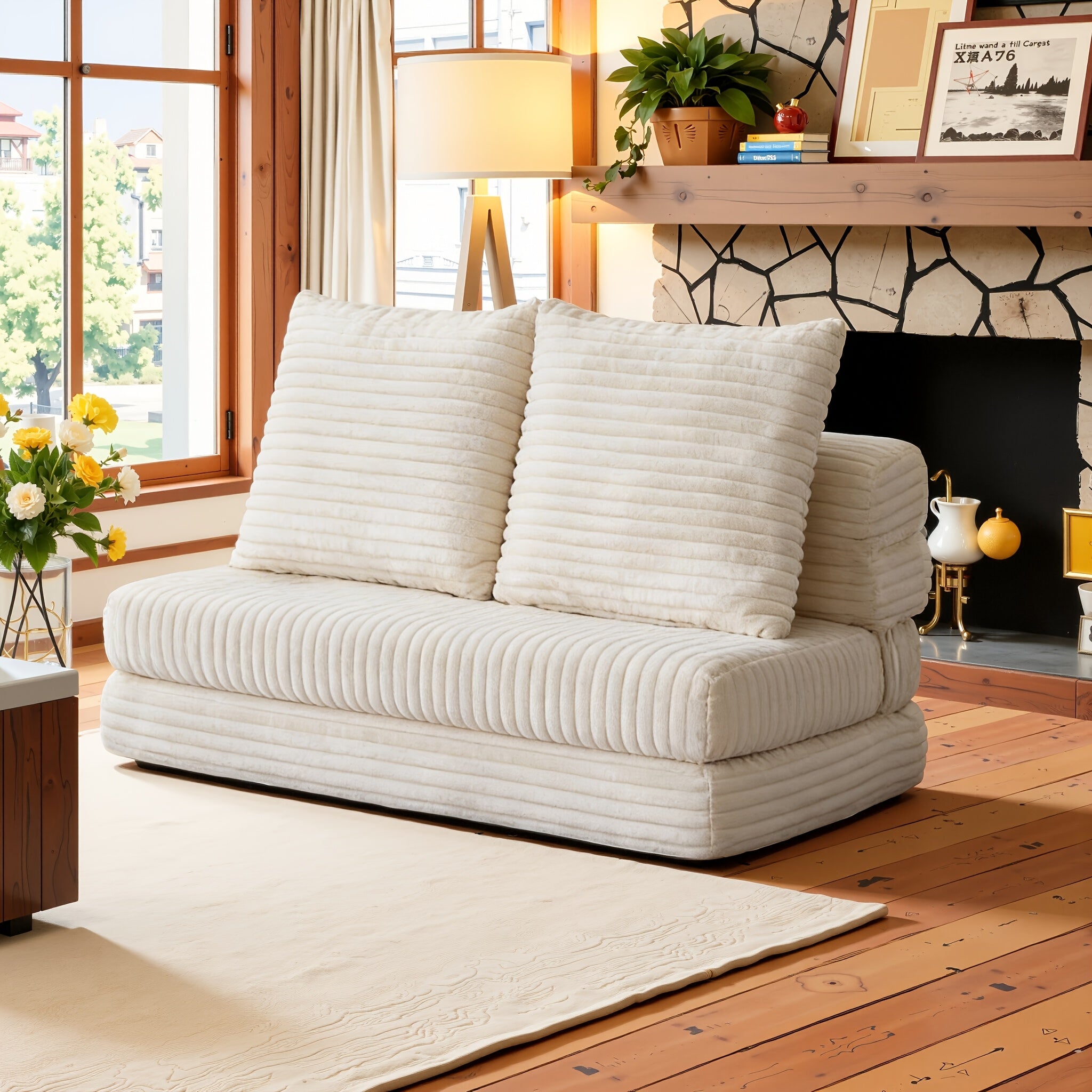 Modular L-shaped chaise longue sofa bed with deep seat and corduroy upholstery