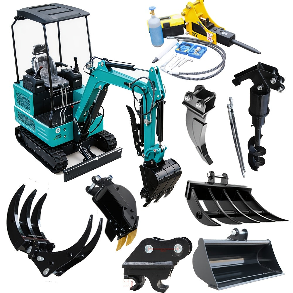 Excavator Auxiliary Tool Set for 0.8‑2 Ton Machines – Includes Rotary Drill, Breaker, Quick Changer, Wood Grabber, Bucket, Ripper, Rake and Mud Bucket