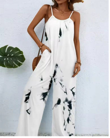 Women's Printed Loose Suspender Jumpsuit Romper