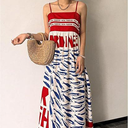 Small-fish Strap Printed New Long Dress One-piece Dress