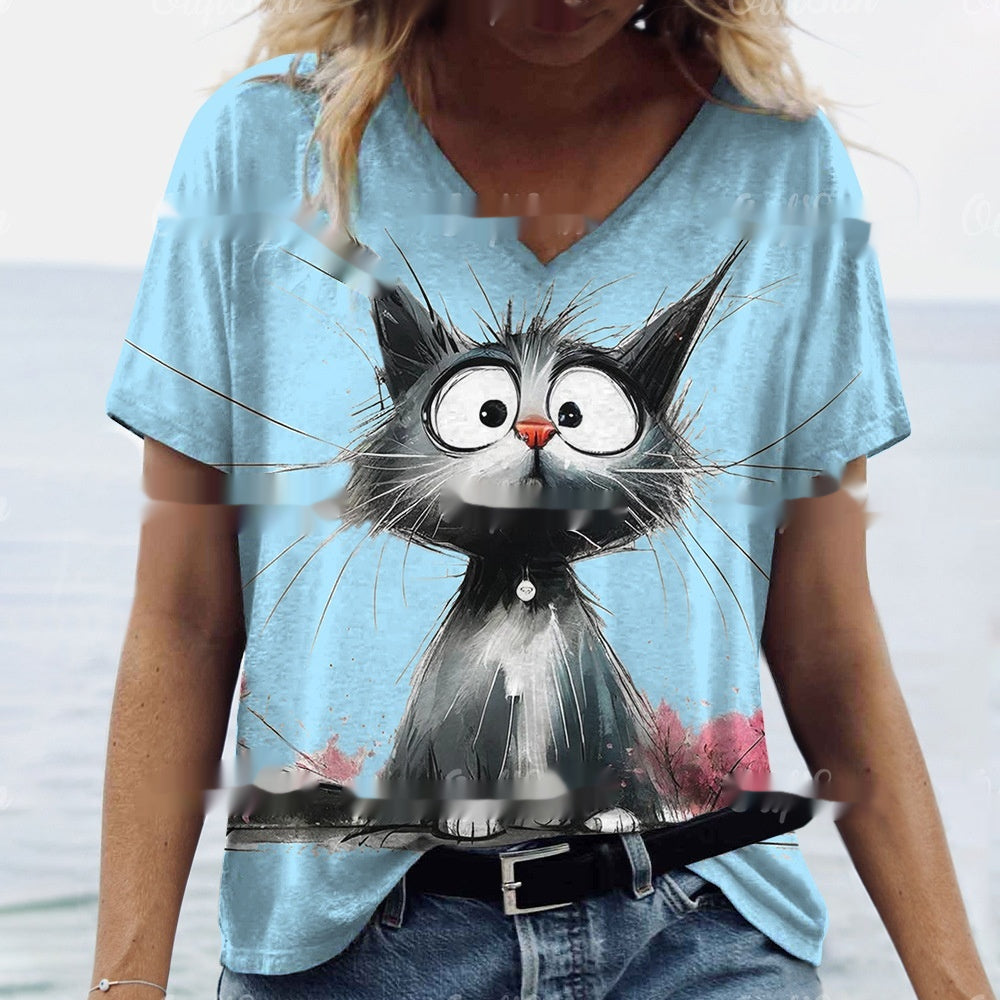 Cat Print Summer Short Sleeve Top – Casual Women’s Tee