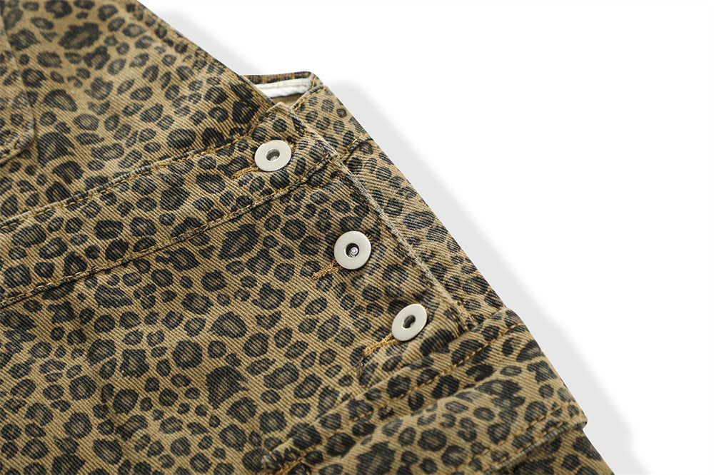 Men's High Street Leopard Print Denim Suspender Pants