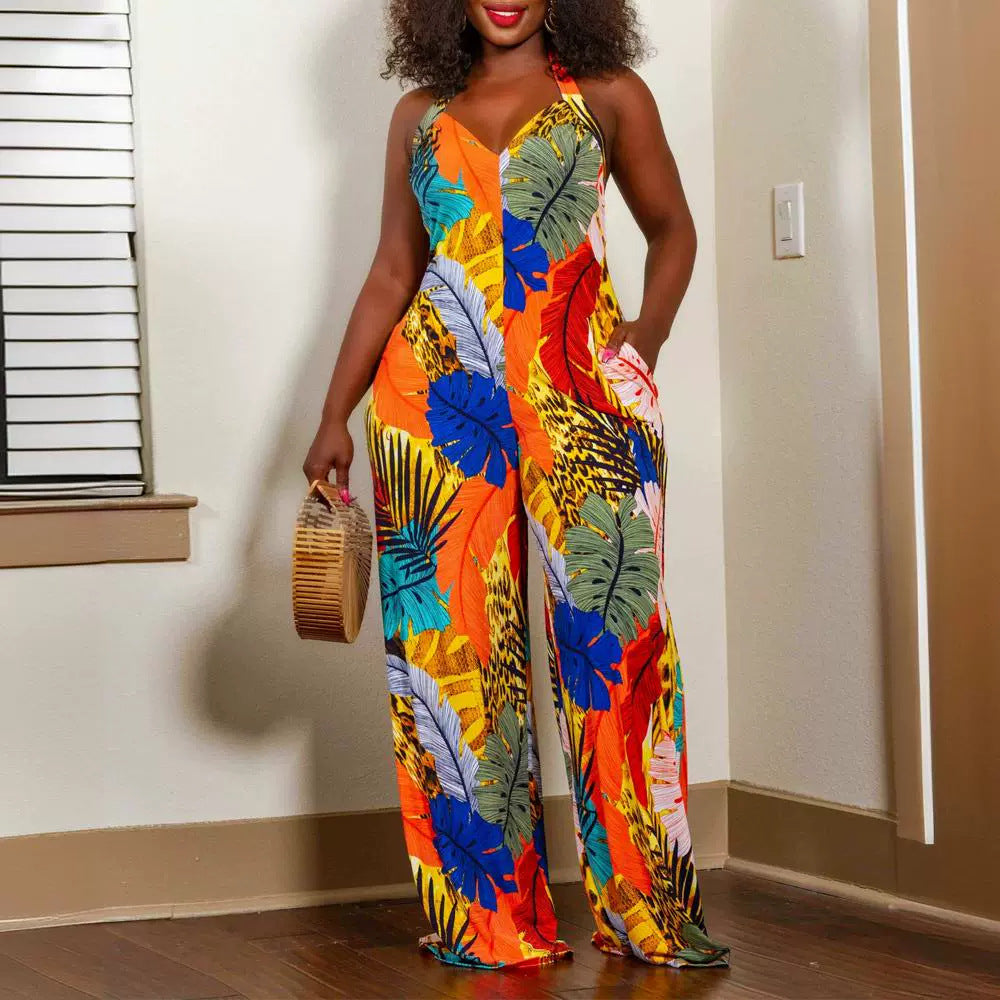 Women's Leaf Print V-Neck Sleeveless Jumpsuit