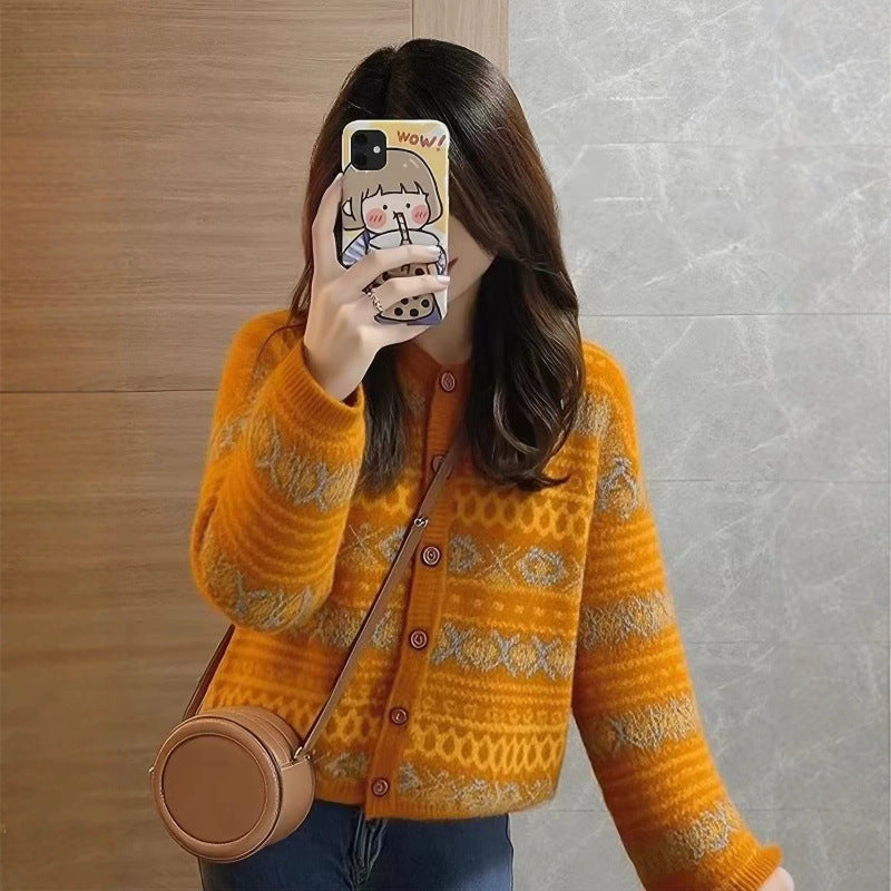 Jacquard Sweater Knitted Cardigan Coatlaid-back Uniquely Ethnic-style Sweater