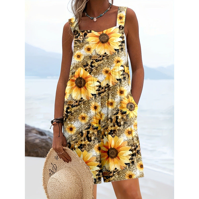 Sunflower Print Sleeveless Boho Jumpsuit