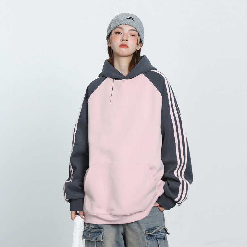 Unisex Contrast Stripe Raglan Pullover Casual Sweatshirt