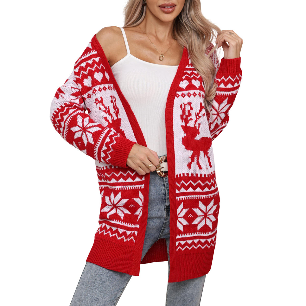 Elk Snowflake Embroidered Knitted Cardigan Coat for Women