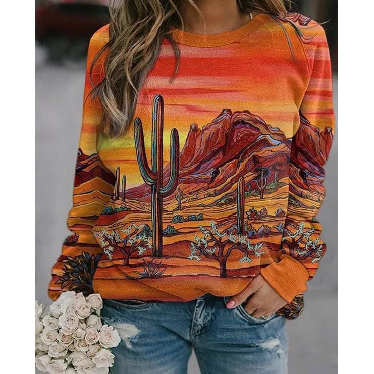 Floral Landscape Print Long Sleeve Streetwear Pullover