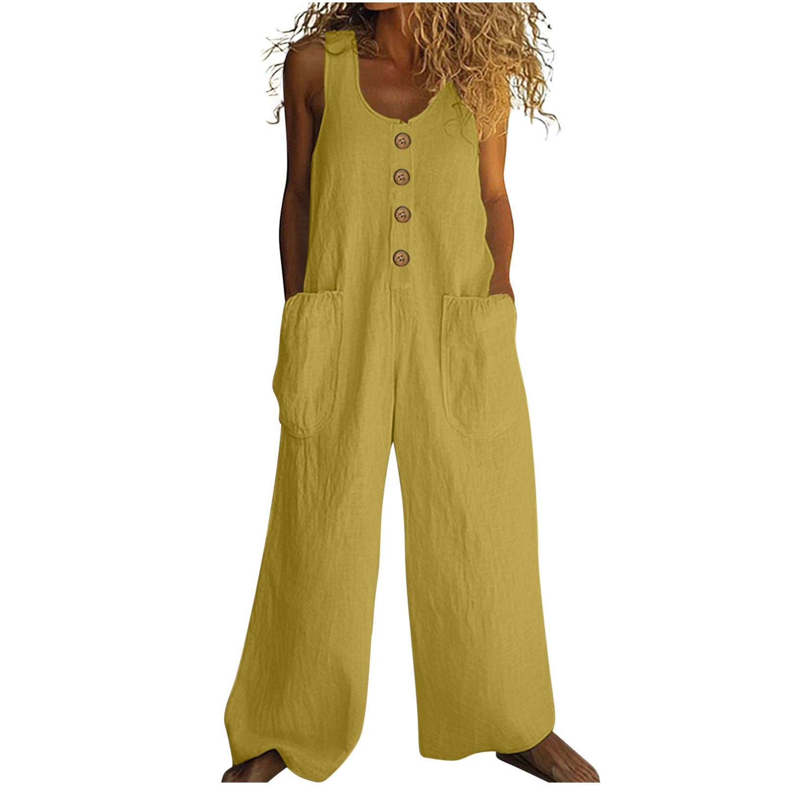 Casual Sleeveless Cotton Wide Leg Jumpsuit with Pockets