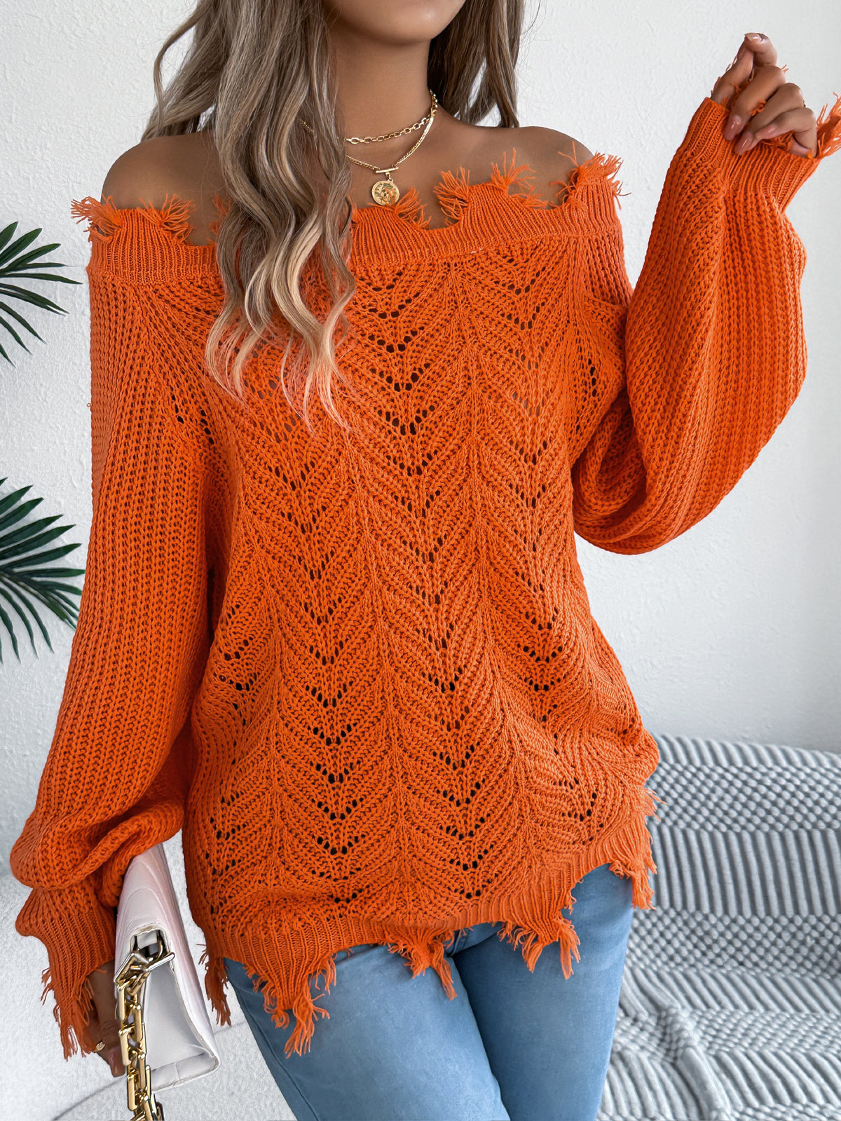 Women Solid Color Hollow Out Long Sleeve Distressed Off-shoulder Pullover Sweater