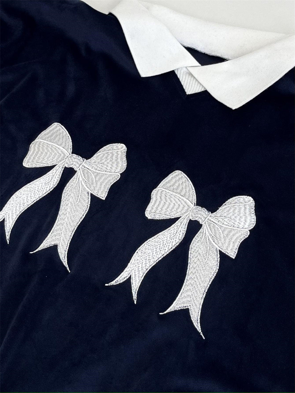 Retro Bow Embroidered Striped Contrast Knit Sweater