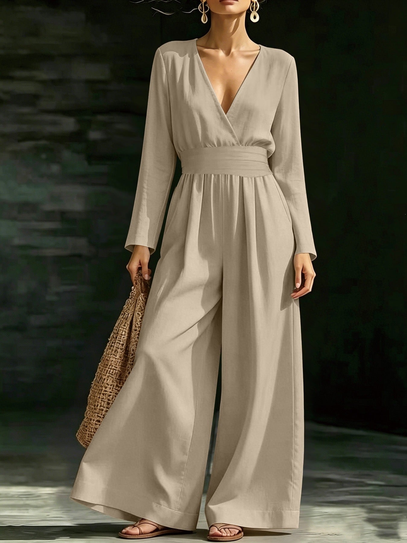 Elegant Long-Sleeve V-Neck Knit Jumpsuit for Women
