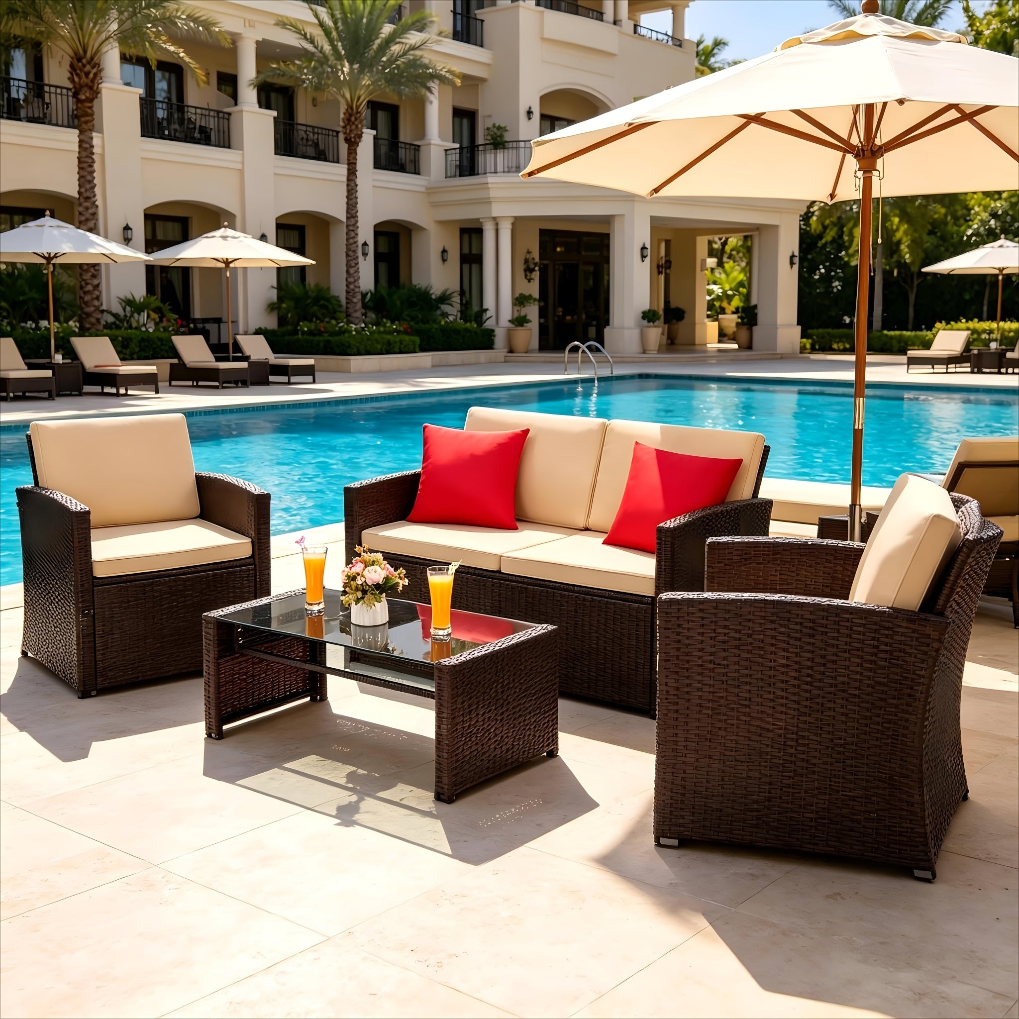 4pcs All-Weather PE Rattan Patio Furniture Set, Outdoor Wicker Sofa with Cushions & Glass Coffee Table for Backyard Garden Balcony