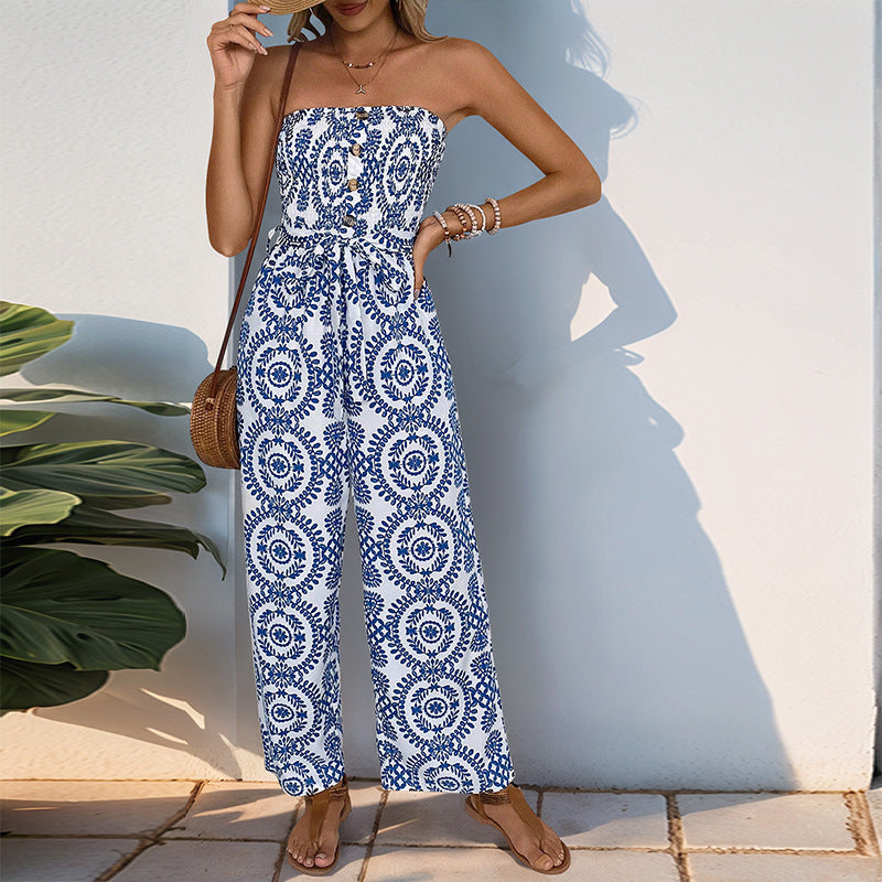 Elegant Printed High-Waisted Sleeveless Tube Top Loose Jumpsuit Womens Wear