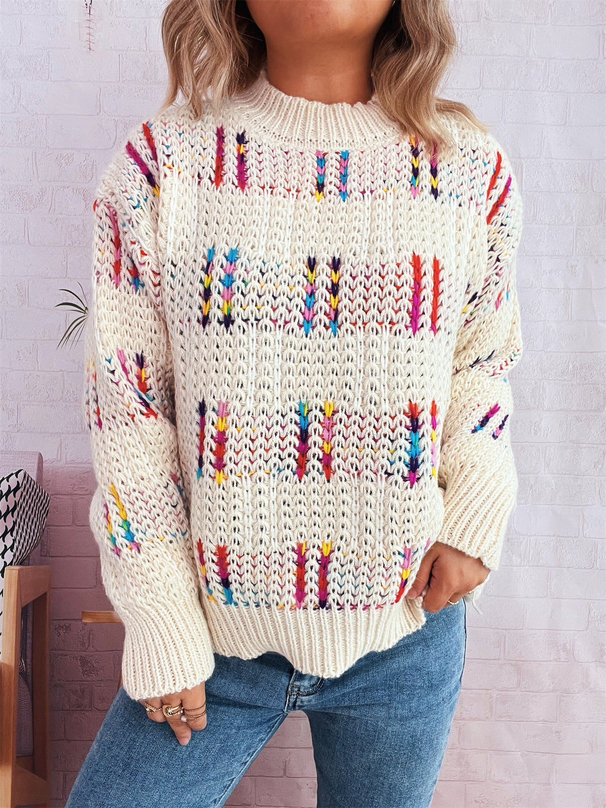 Contrast Color Cute Style Knitted Pullover Sweater for Women
