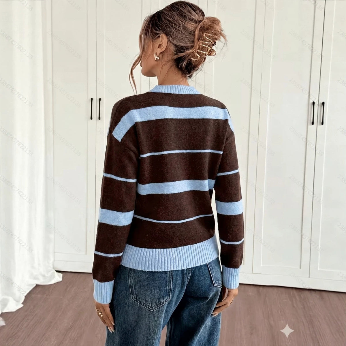 Fallwinter Fashionable Color Block Striped Knitted Pullover