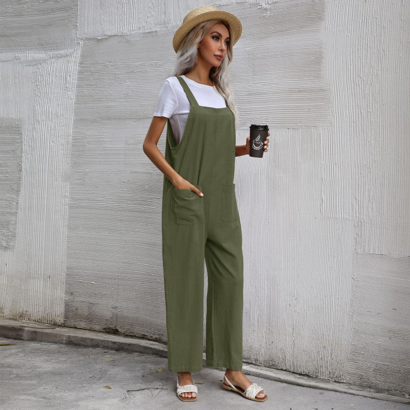 European And American Style Casual Simple Pocketed Sleeveless Suspender Jumpsuit