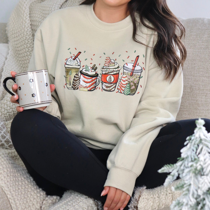 Cozy Floral Print Round Neck Christmas Latte Sweater