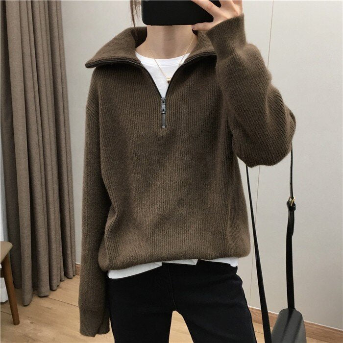 Women's Elegant Lapel Zipper Pullover Sweater