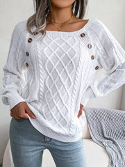 Casual Square Neck Buttoned Cable Knit Pullover Sweater