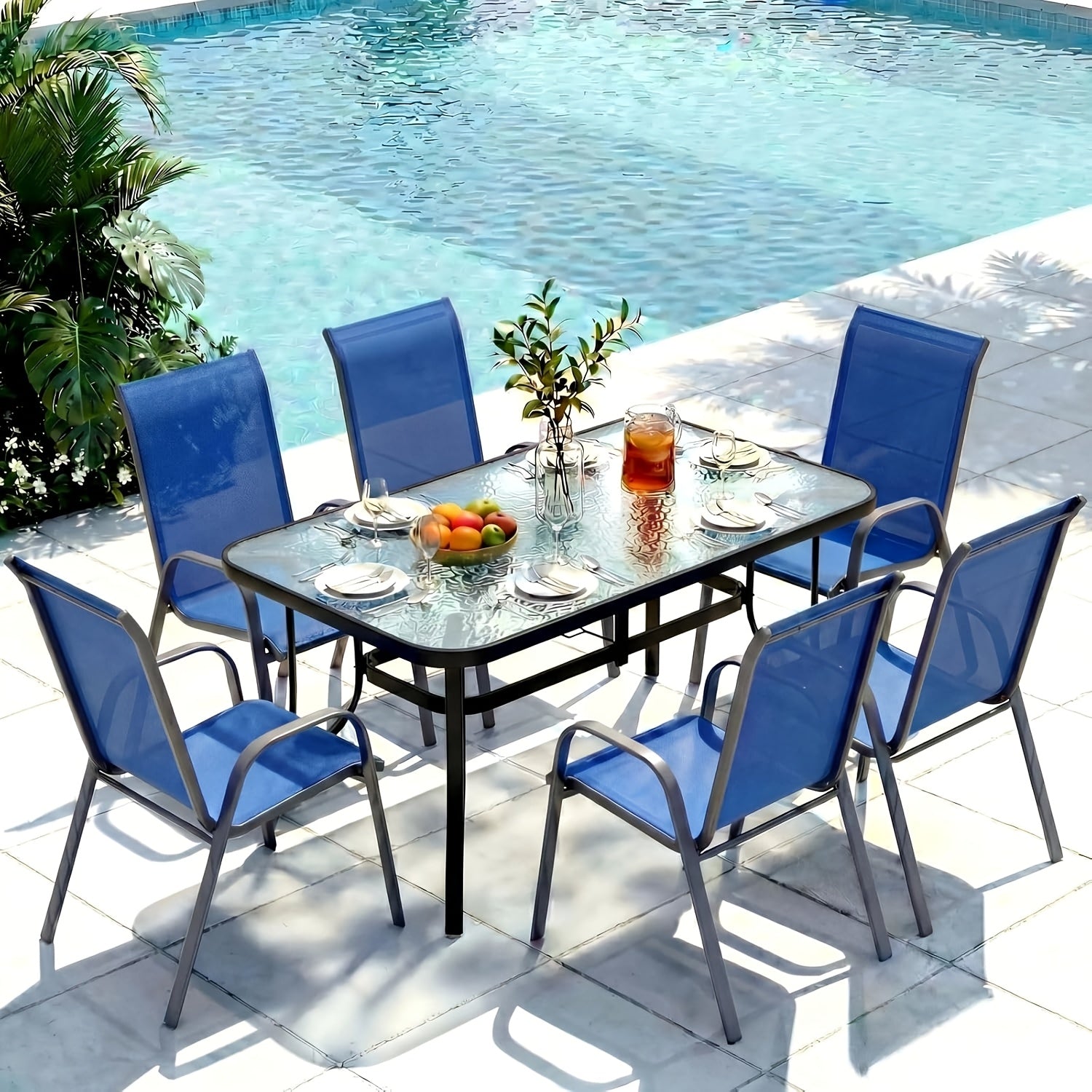 [All Weather Patio Set] Patio Dining Set for 6, Outdoor Table And Chairs W/ 1.69" Umbrella Hole, 30" X 55" Table And Stackable Textilene Chair, All Weather Patio Furniture Set (Umbrella Not Included)