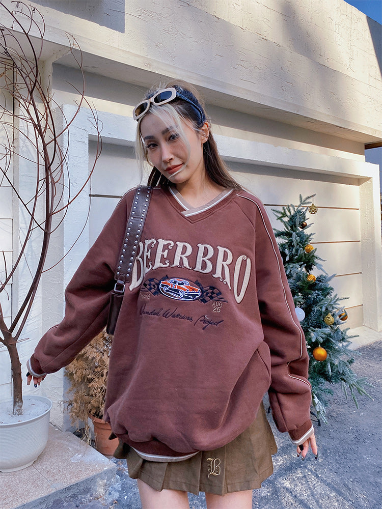 Embroidered Contrast V-Neck Racing Streetwear Top