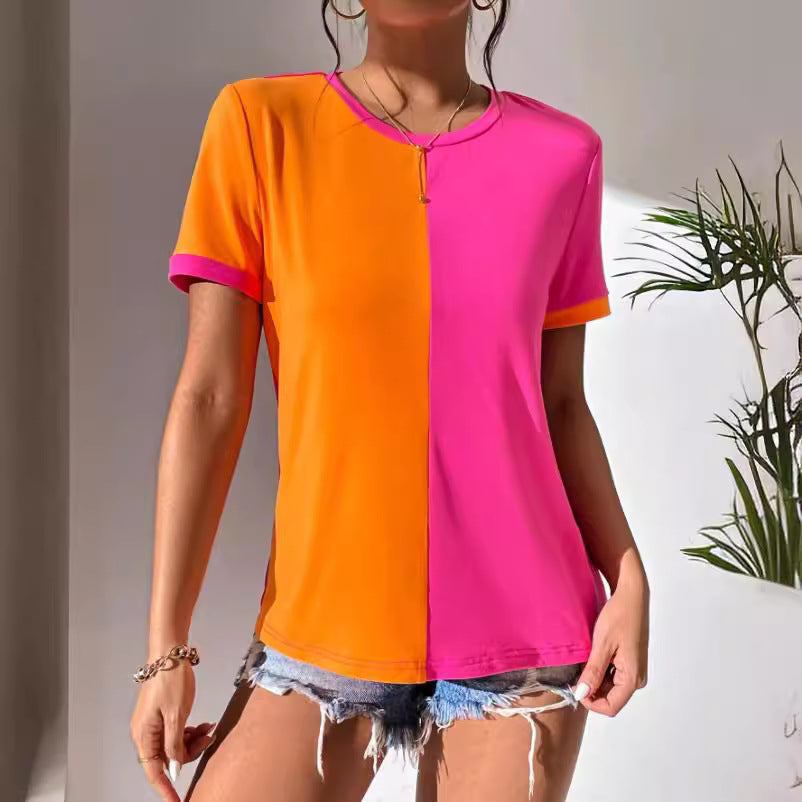 Casual Colorblock Short Sleeve Round Neck Tee