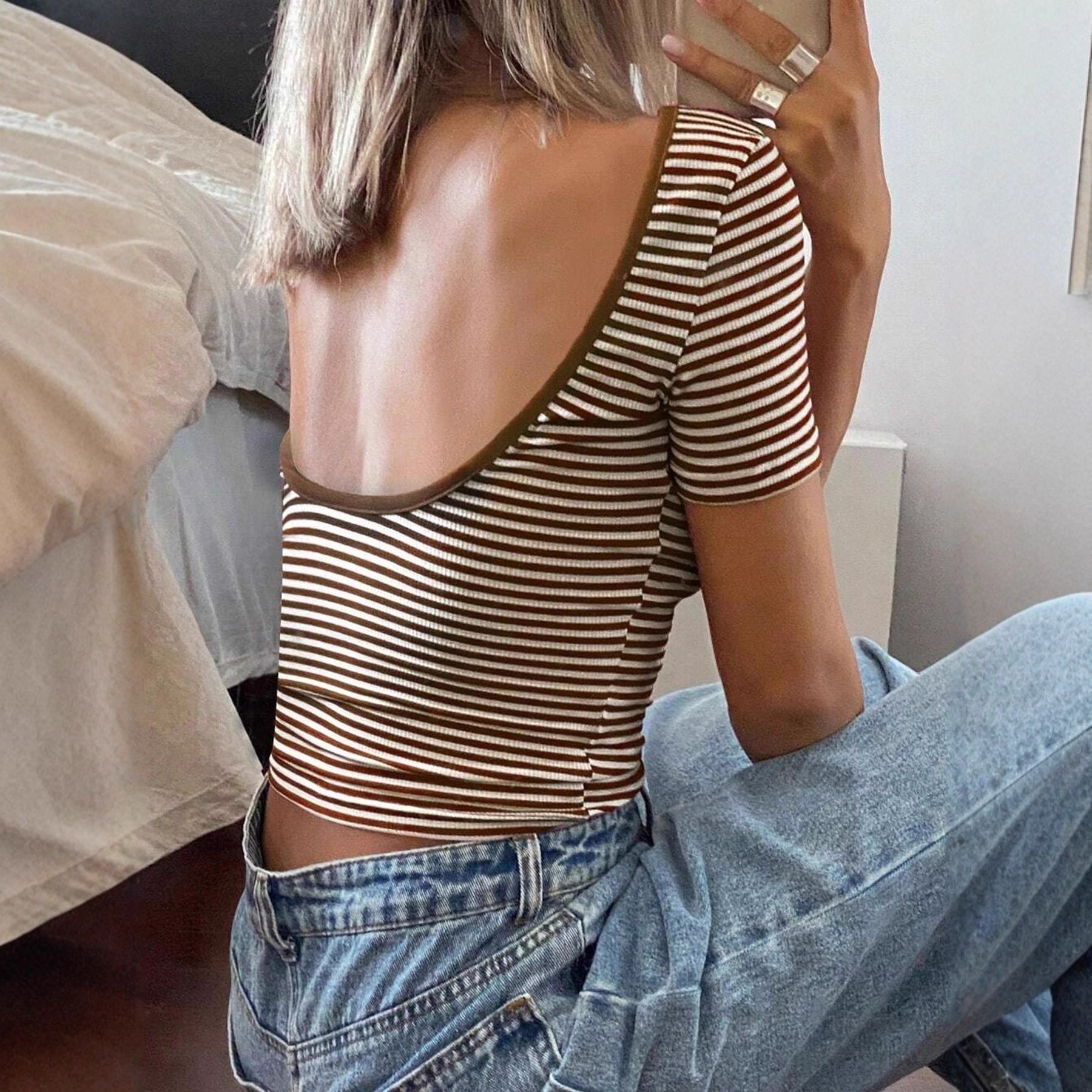 Retro Backless Striped Short‑Sleeve T‑Shirt – Contrast Color