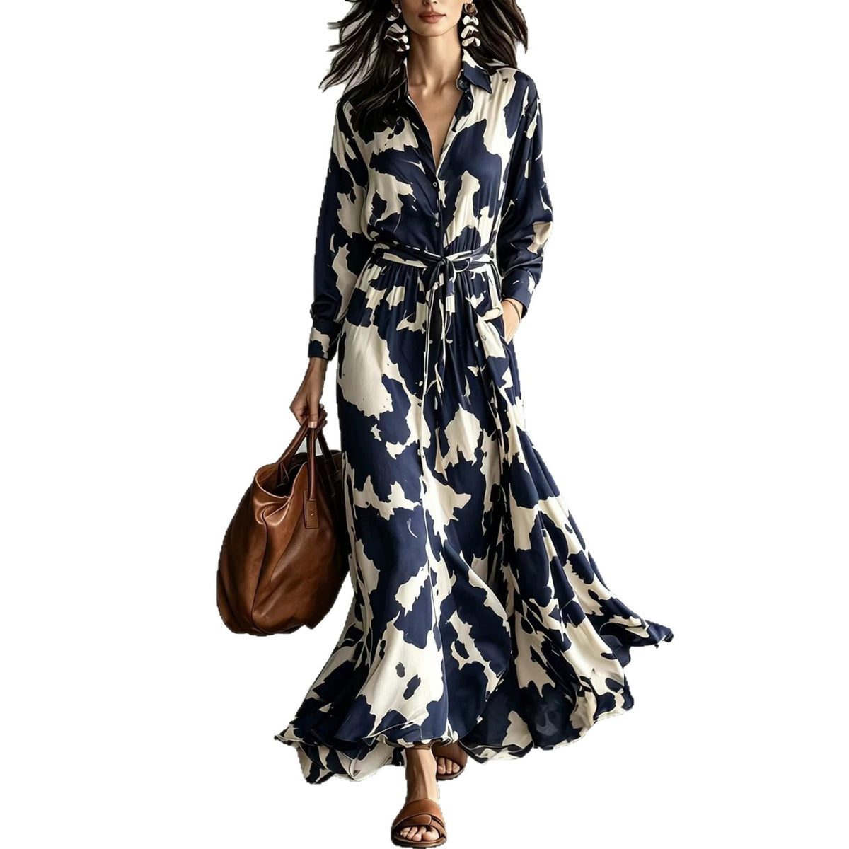 Chic Cow Print Long Sleeve Maxi Dress with Cinch Waist